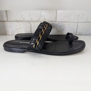 MANOLO BLAHNIK black leather brass chain flat sandals